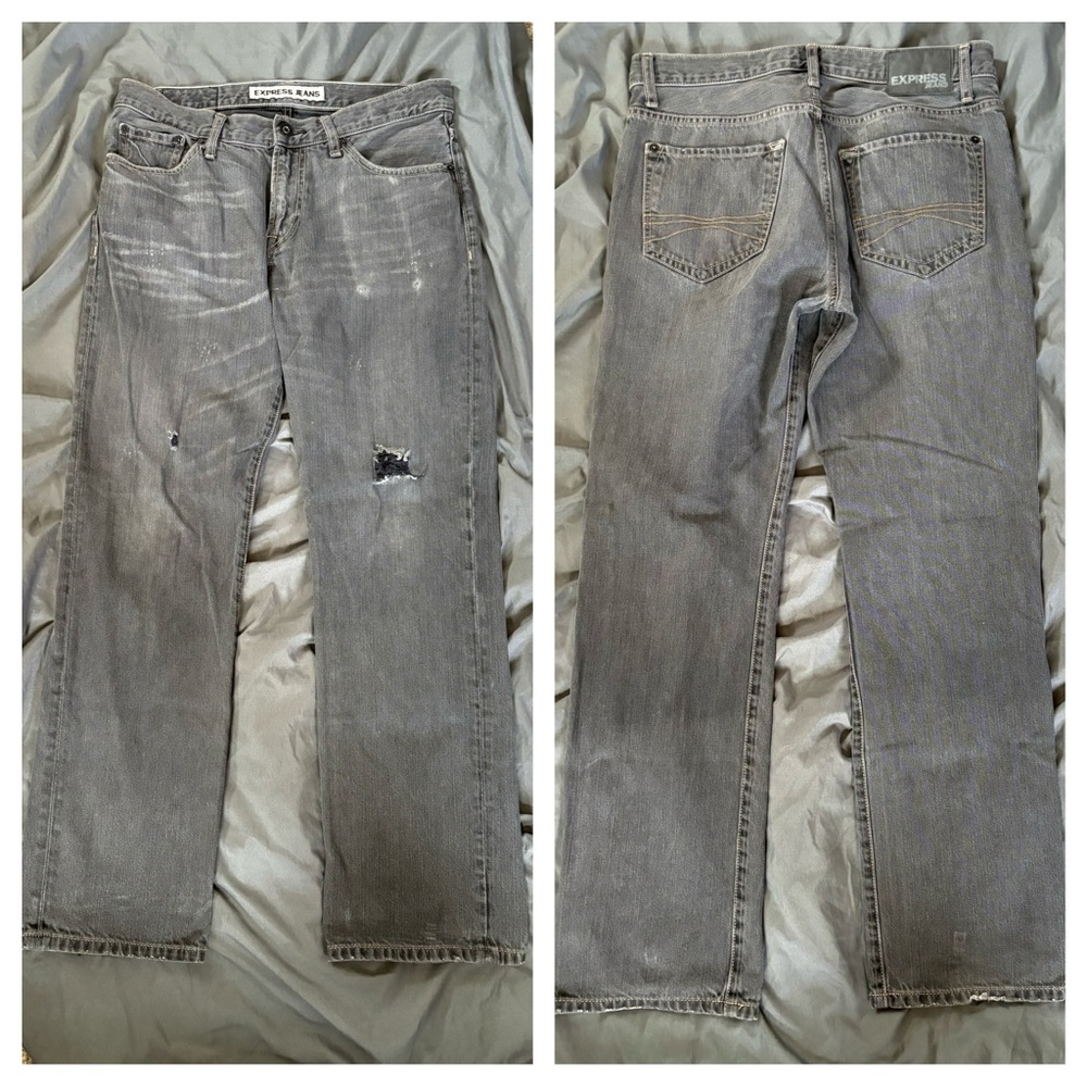 Express Distressed Gray Kingston straight leg jeans
